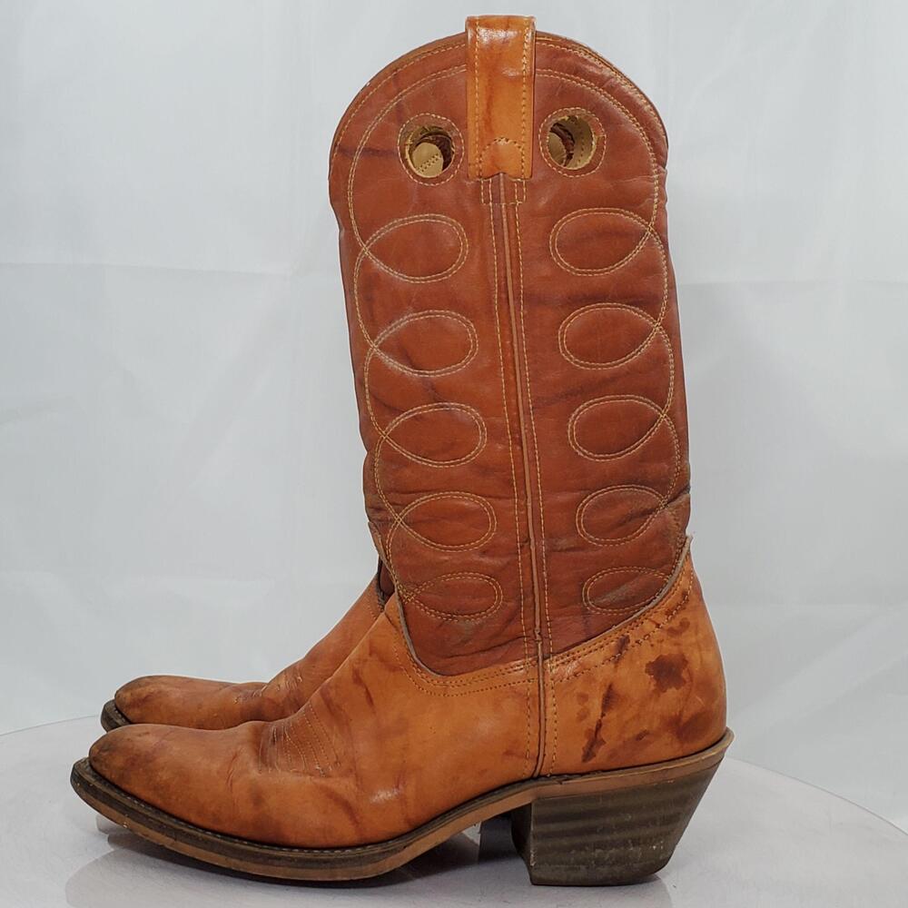 Vintage 90s Double H Western Boots Men 9 D Brown Leather Round Toe Cowboy